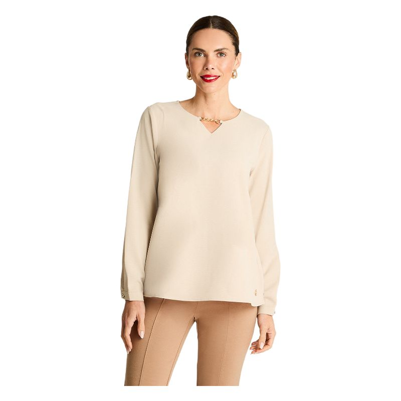 LORENZO DI PONTTI - Blusa Manga Larga Con Aplicación En Escote Beige