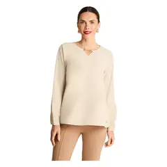 LORENZO DI PONTTI - Blusa Manga Larga Con Aplicación En Escote Beige