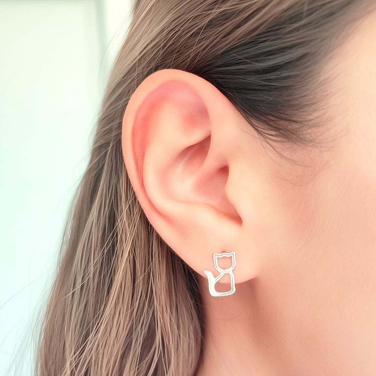 Aros Gato Circon 11mm Plata Fina 925 Plateado TALLA UNICA