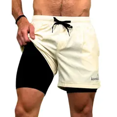 KONKO ACTIVE - Short Deportivo Cierre Con Calza 2 en 1 Crema Hombre Konko