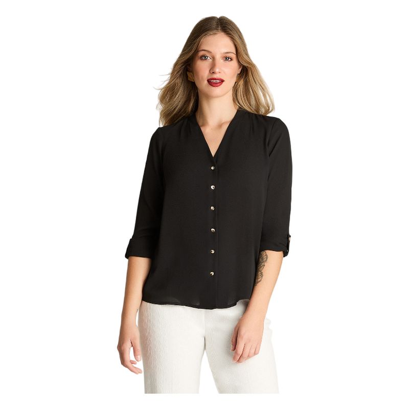 LORENZO DI PONTTI - Blusa Escote V Manga Larga Con Botones Dorados Negro