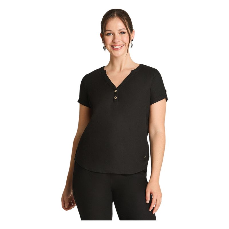 CURVI - Blusa Manga Corta Cuello Mao Negro