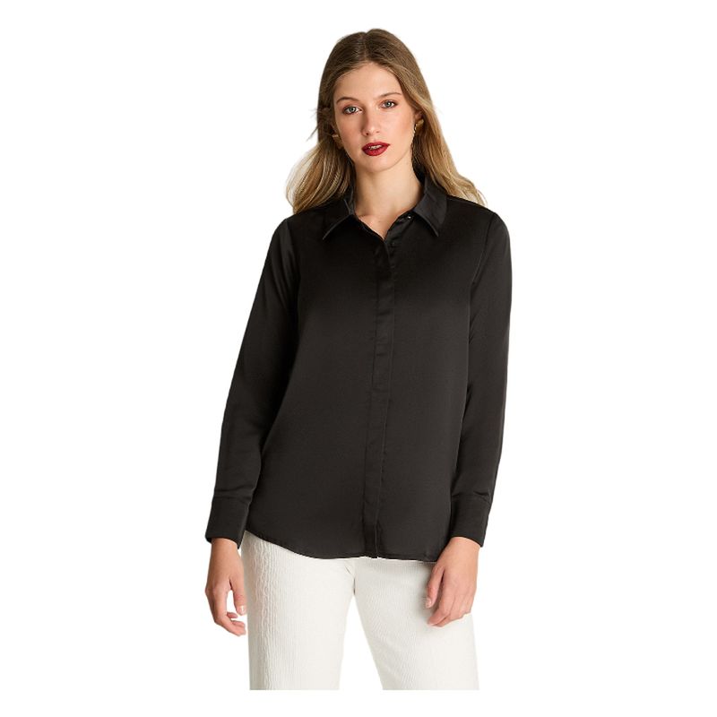 LORENZO DI PONTTI - Blusa Camisera Manga Larga Satintada Negro