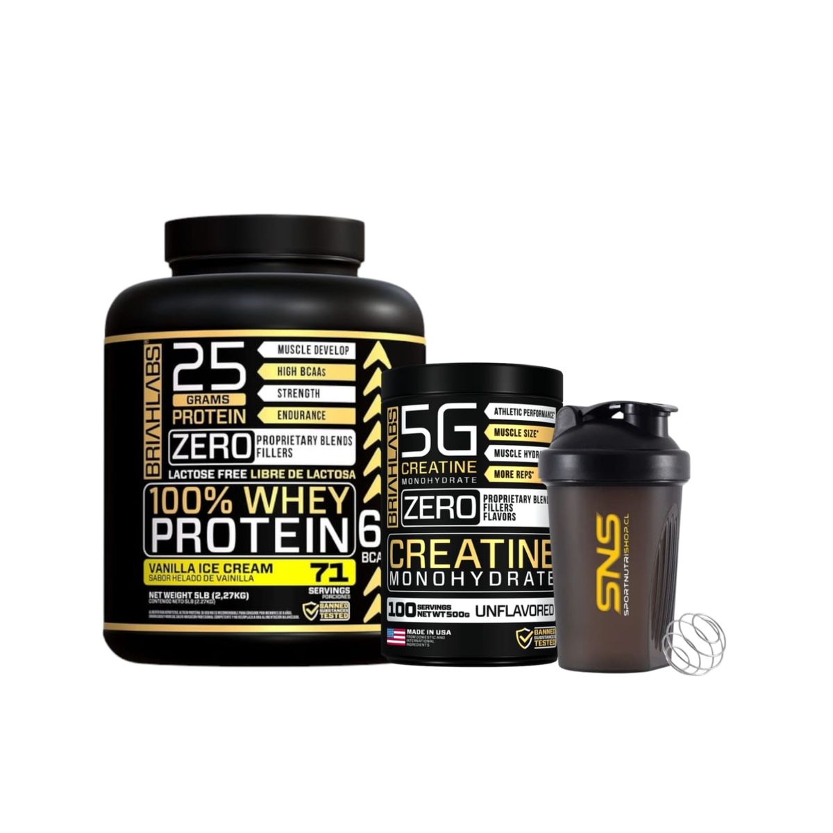 BRIAHLABS - Pack Proteina Whey 5lb Vainilla + creatina 500g + Shaker - briahlabs