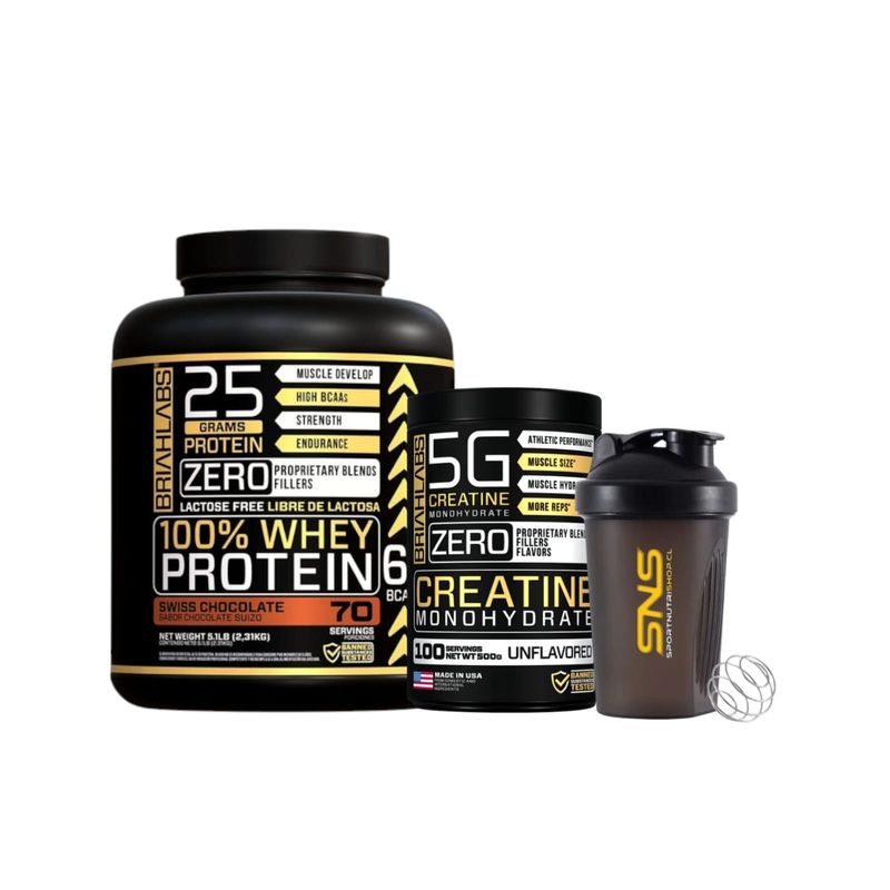 BRIAHLABS - Pack Proteina Whey 5lb Chocolate + creatina 500g + Shaker - briahlabs