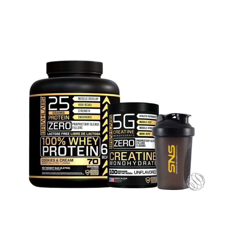 BRIAHLABS - Pack Proteina Whey 5lb Cookies+ creatina 500g + Shaker - briahlabs
