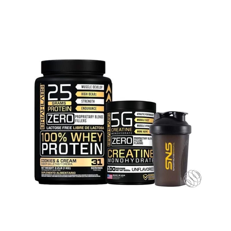 BRIAHLABS - Pack Proteina Whey 1KG Cookies + creatina 500g + Shaker - briahlabs