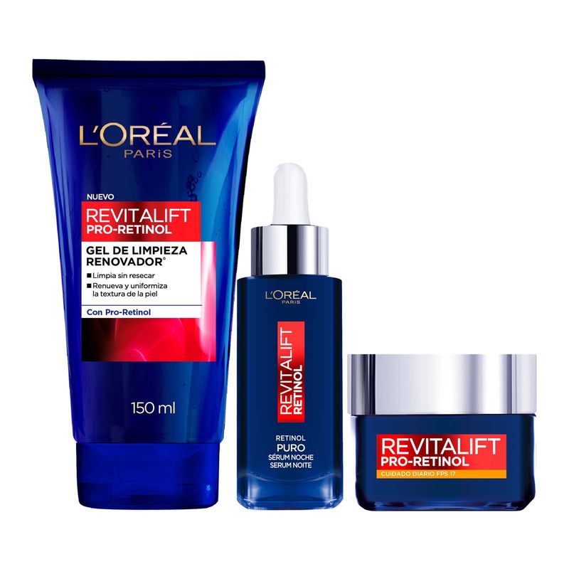 LOREAL PARIS - Pack Rutina Retinol Gel Limpieza + Crema Dia + Serum
