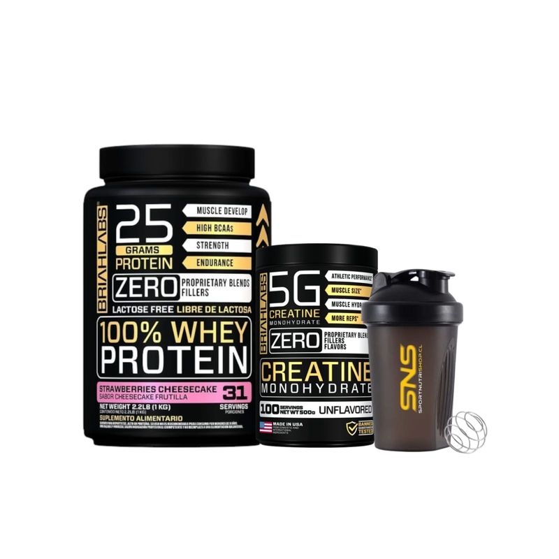 BRIAHLABS - Pack Proteina Whey 1KG Stramberry + creatina 500g + Shaker - briahlabs