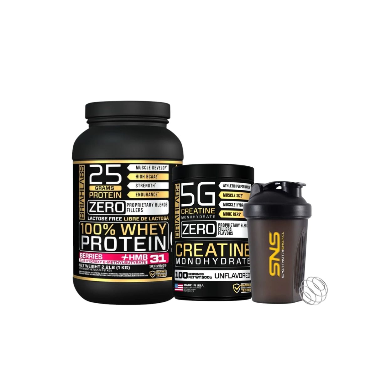 BRIAHLABS - Pack Proteina Whey 1KG Berries+ creatina 500g + Shaker - briahlabs