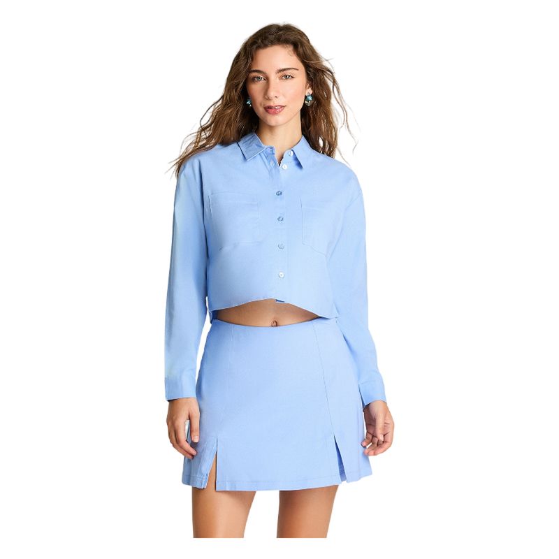 ACUARELA - Blusa Crop Manga Larga Lino Celeste