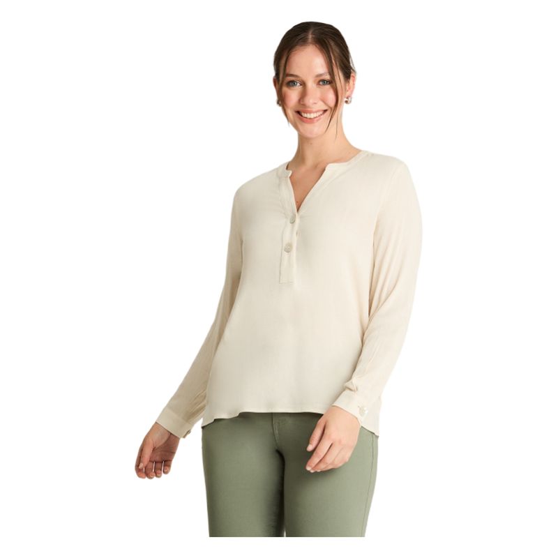 CURVI - Blusa Manga Larga Cuello Mao Botones Beige