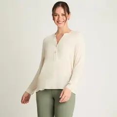 CURVI - Blusa Manga Larga Cuello Mao Botones Beige