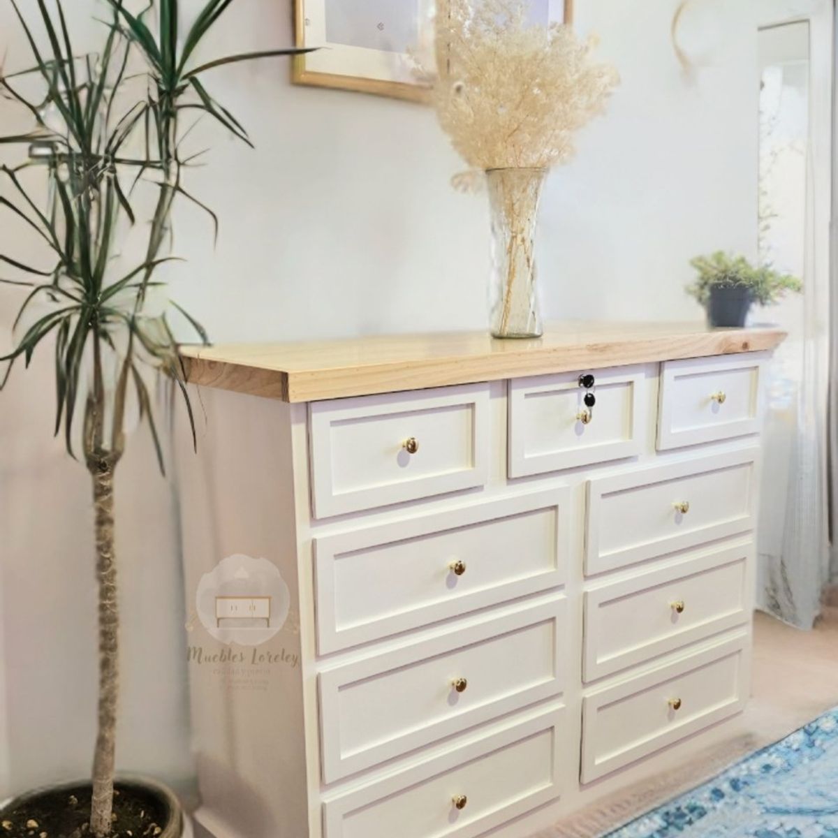 RUSTIC STYLE - CÓMODA MADERA 9 CAJONES LÚMINA BLANCA Y NATURAL + TIRADOR PREMIUM