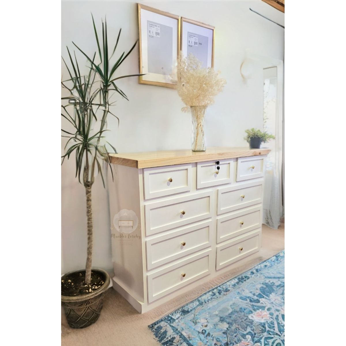 RUSTIC STYLE - CÓMODA MADERA 9 CAJONES LÚMINA BLANCA Y NATURAL + TIRADOR PREMIUM