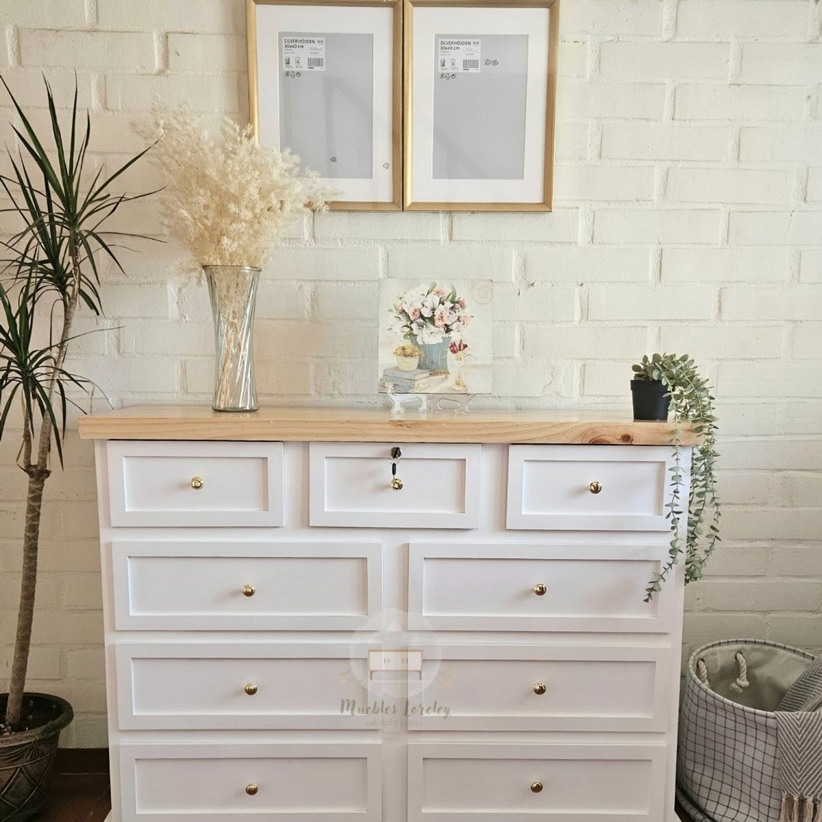 RUSTIC STYLE - CÓMODA MADERA 9 CAJONES LÚMINA BLANCA Y NATURAL + TIRADOR PREMIUM