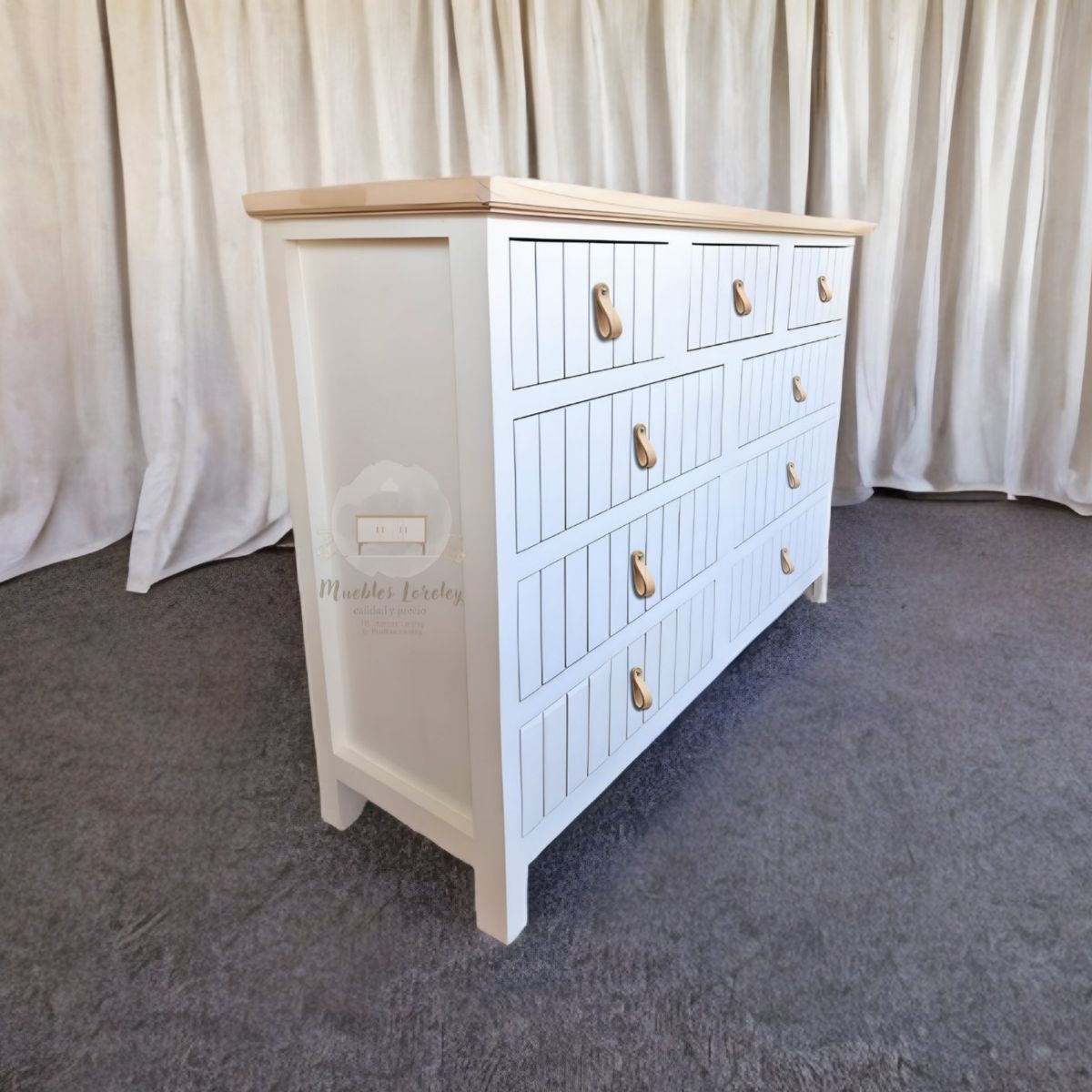 RUSTIC STYLE - COMODA TERRANOVA DE MADERA BLANCA Y NATURAL + TIRADOR DE CUERO