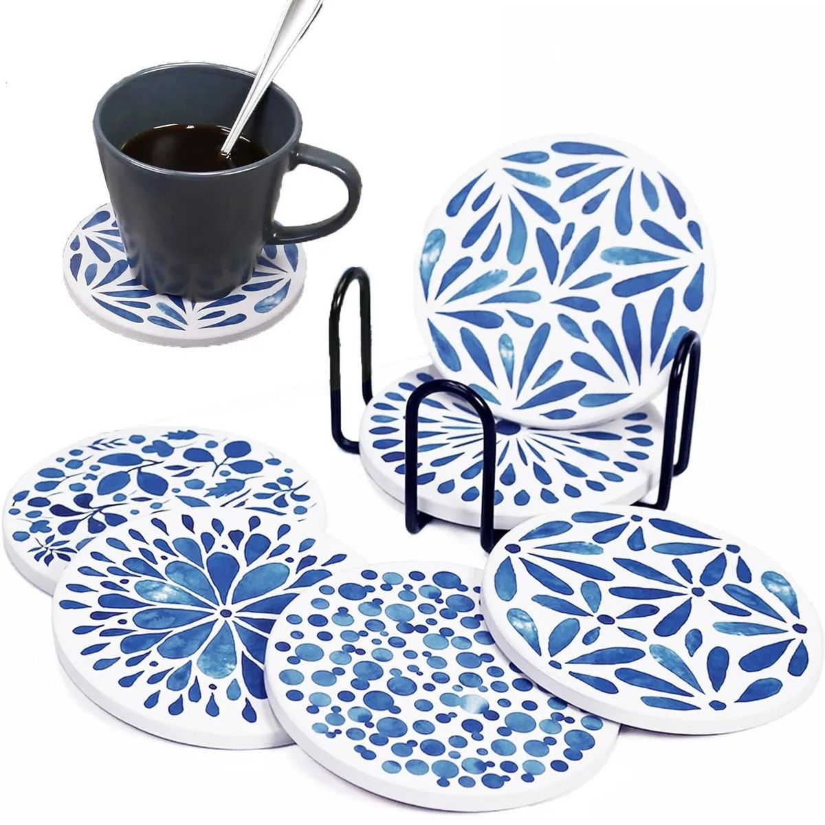 KUANGYE - Set De 6 Posavasos De Cerámica Acuarela Con Soporte