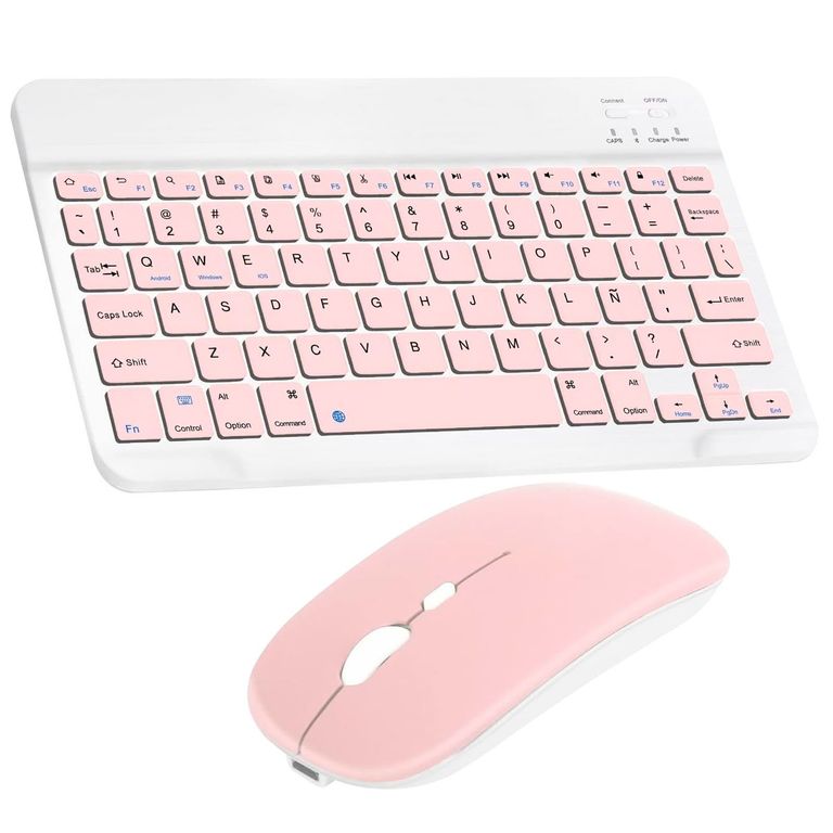Combo Teclado Mouse Bluetooth Espanol Con N Recargable Rosa