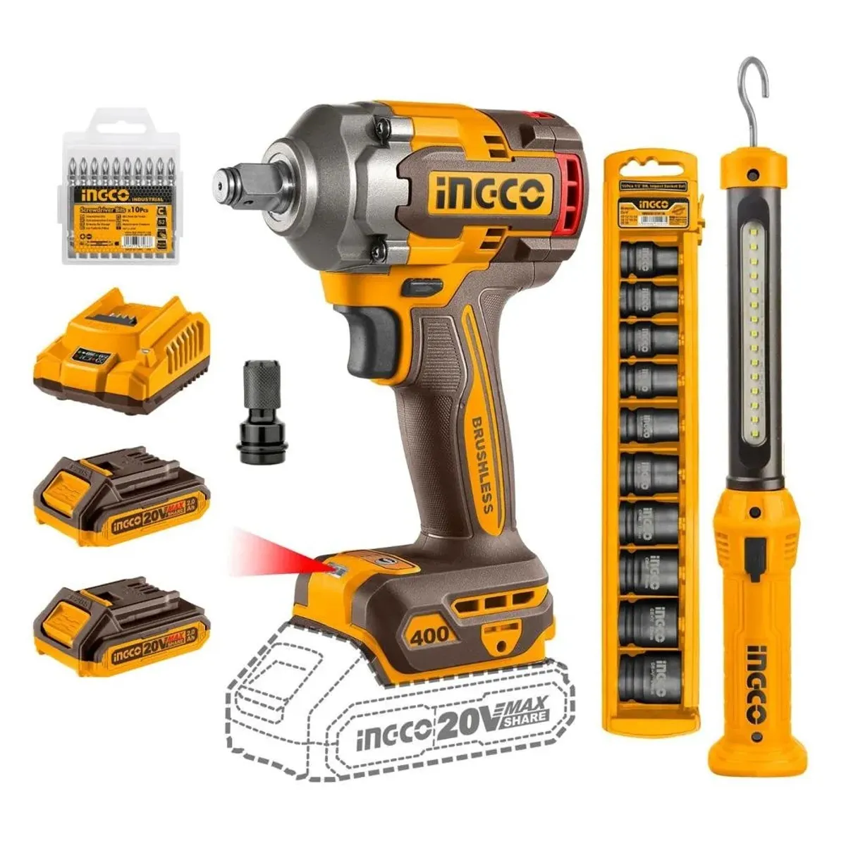 INGCO - Pistola Llave de Impacto 400 Nm + 2 bat + 10 dados + Linterna Ingco