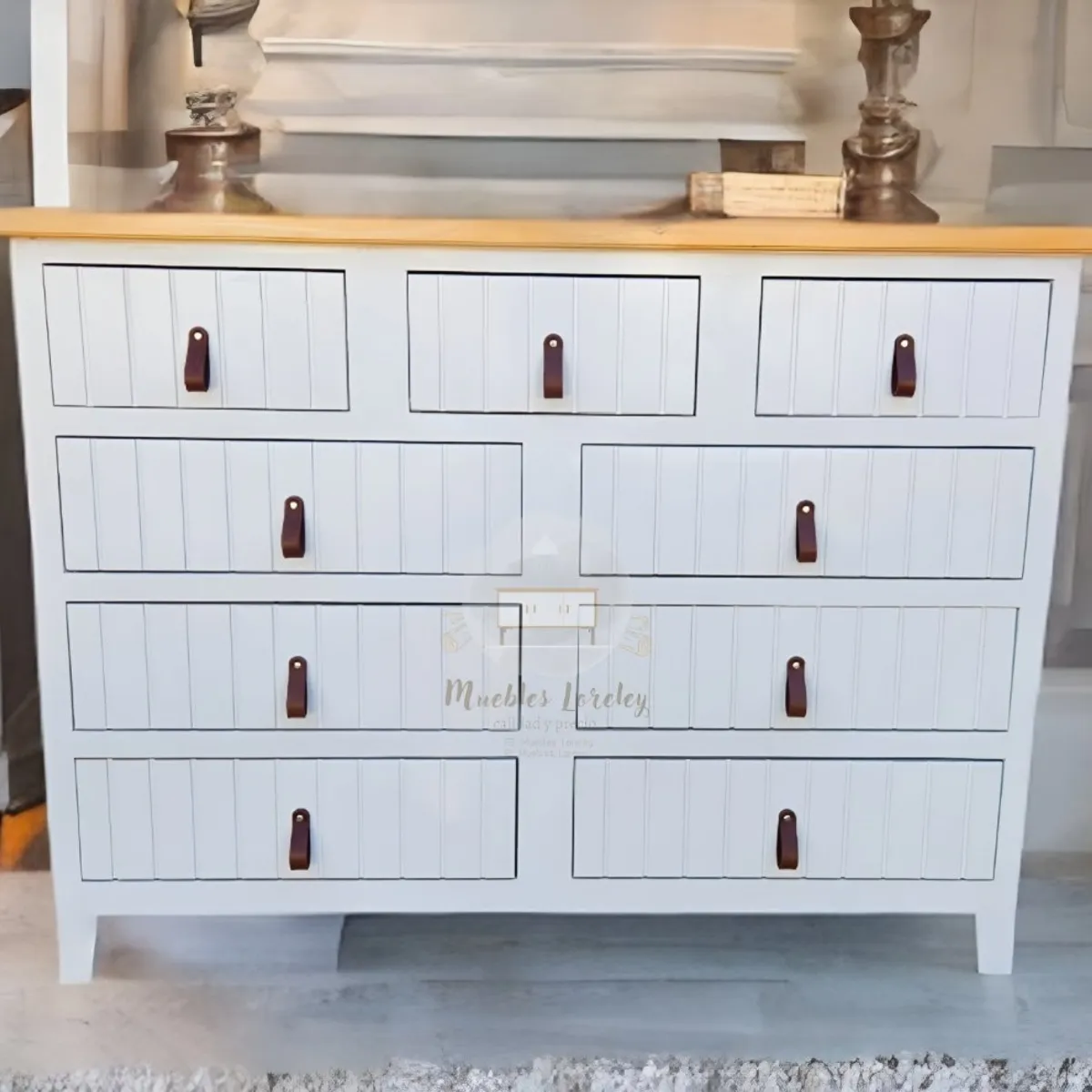 RUSTIC STYLE - COMODA TERRANOVA DE MADERA BLANCA Y MIEL + TIRADOR DE CUERO