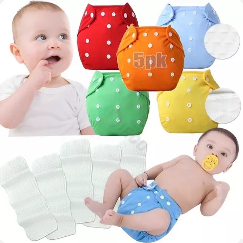 GENERICO - Pañales Ecologicos Paquete 5 Reutilizable + 5 Insertos