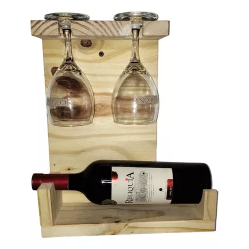 GENERICO - Porta Vino Cava Vinoteca Recta 2 Copas Soporte Grande Madera