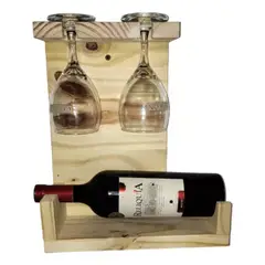 GENERICO - Porta Vino Cava Vinoteca Recta 2 Copas Soporte Grande Madera