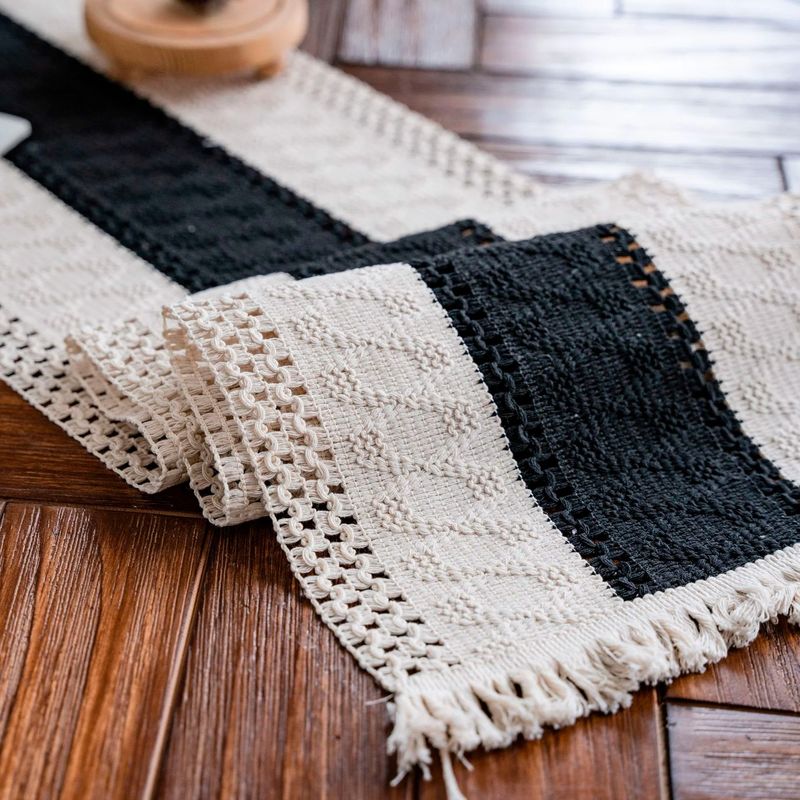 GENERICO - Camino Mesa Bohemio Algodón Yute Blanco Negro 180x30cm
