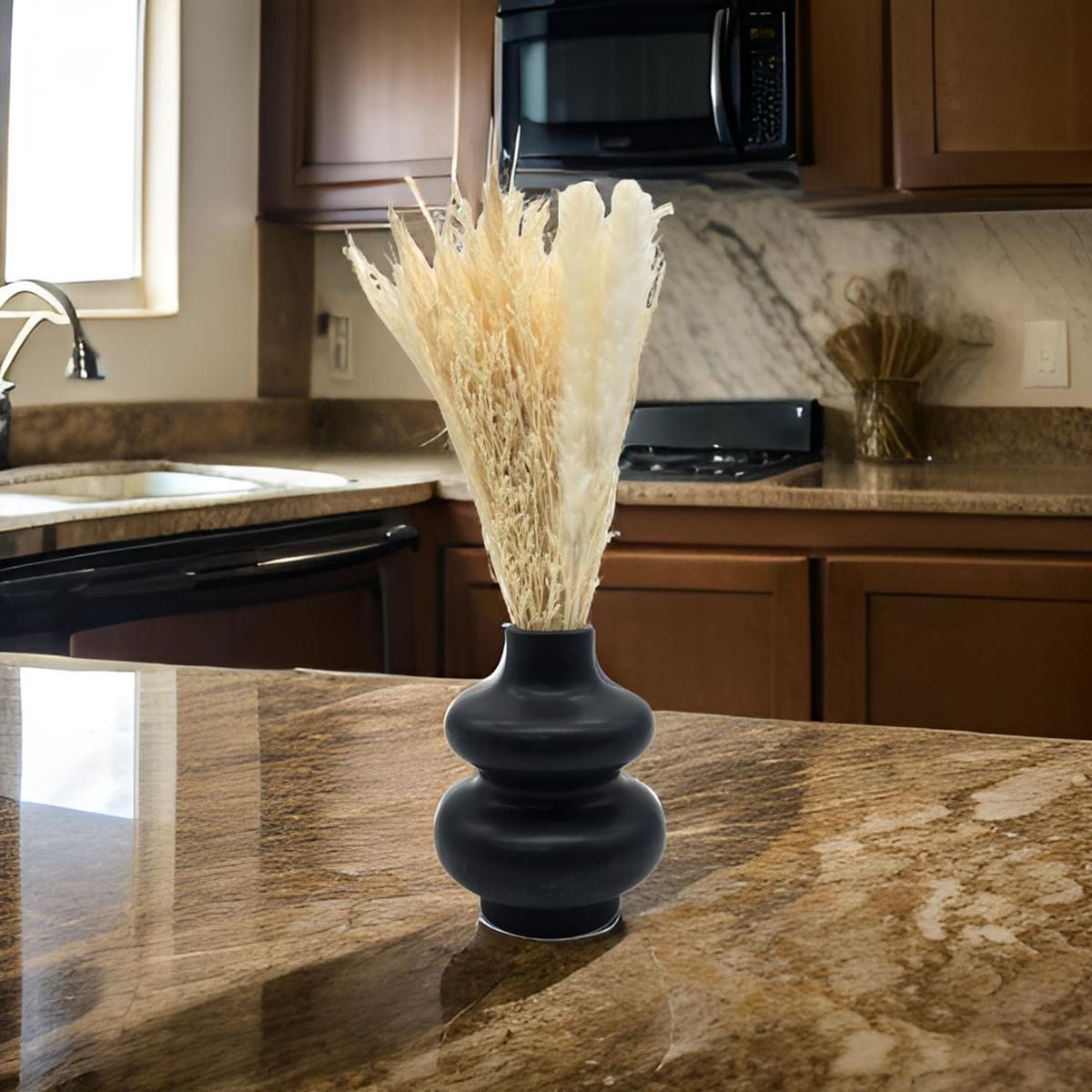 GENERICO - Florero De Ceramica Decorativo Diseño Negro Flores Secas