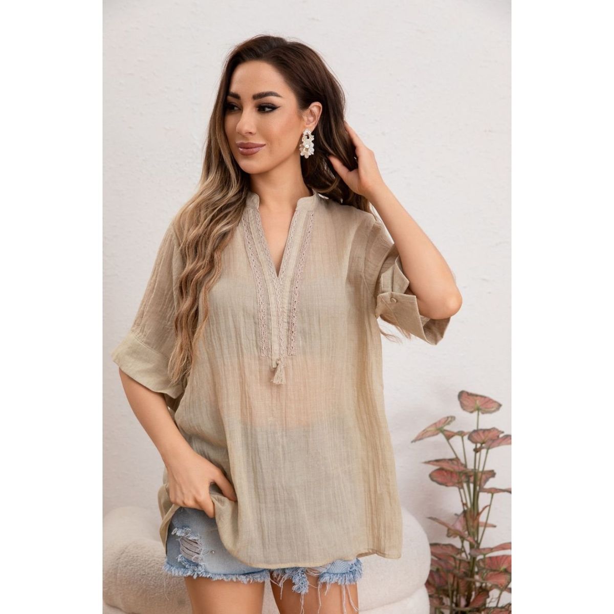 GENERICO - Blusa Mujer Lino Algodón Premium Liviana Cuello Mao 8057