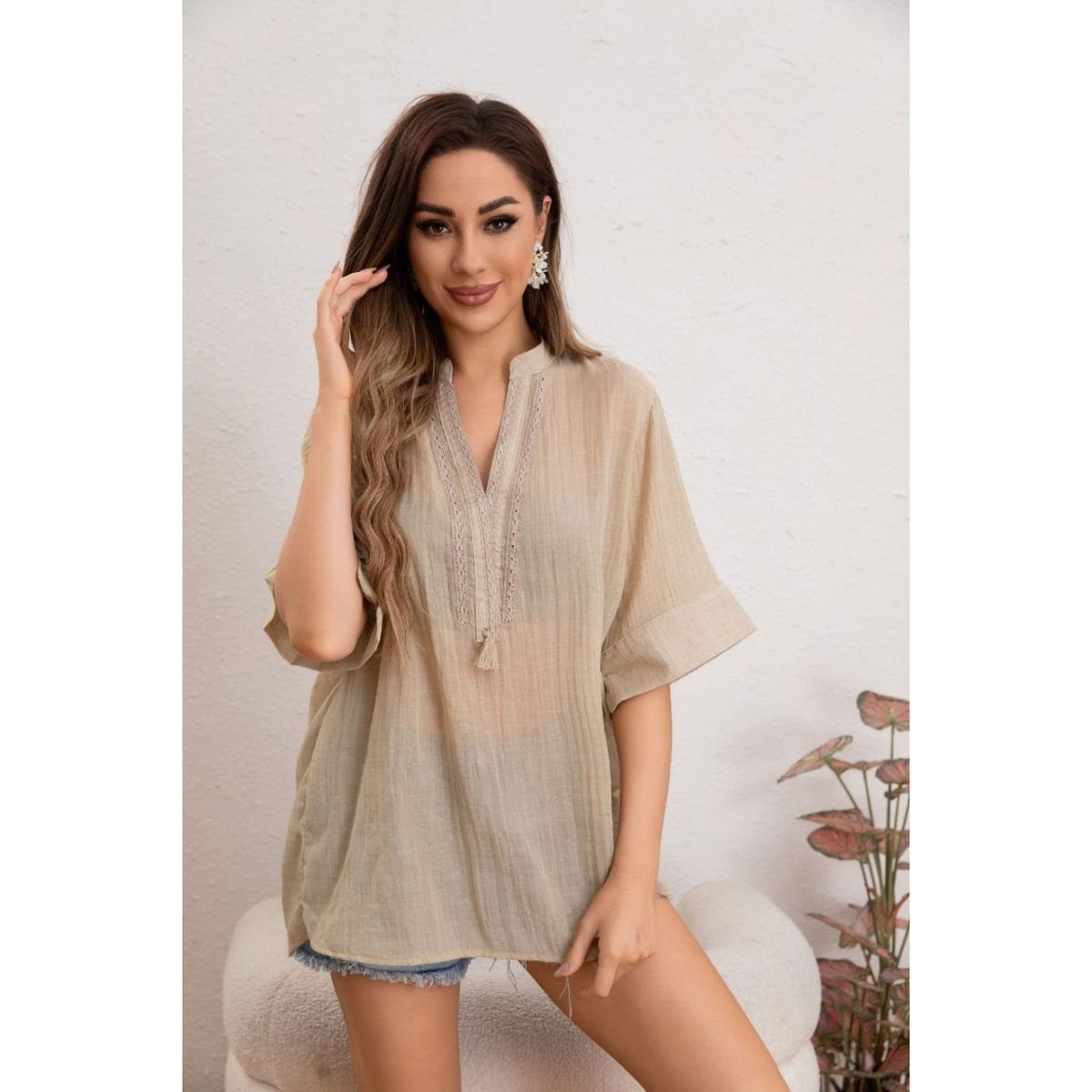 GENERICO - Blusa Mujer Lino Algodón Premium Liviana Cuello Mao 8057