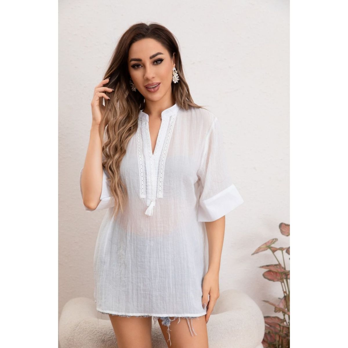 GENERICO - Blusa Mujer Lino Algodón Premium Liviana Cuello Mao 8057