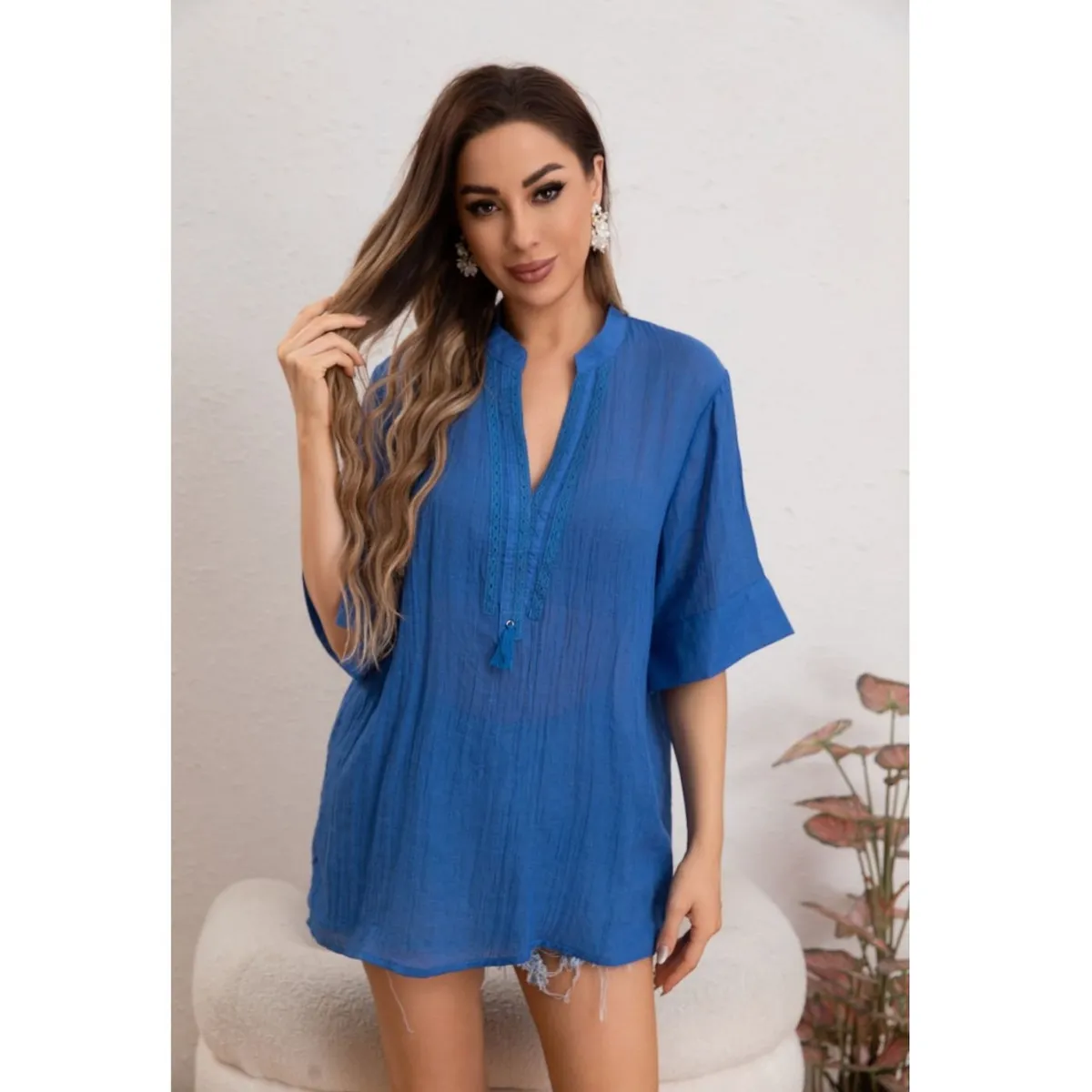 GENERICO - Blusa Mujer Lino Algodón Premium Liviana Cuello Mao 8057