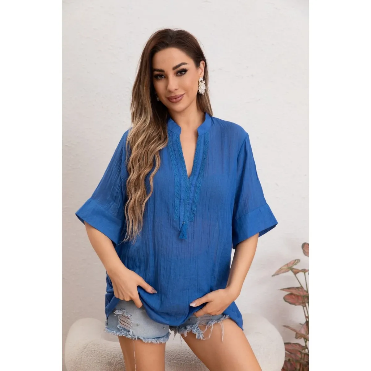 GENERICO - Blusa Mujer Lino Algodón Premium Liviana Cuello Mao 8057