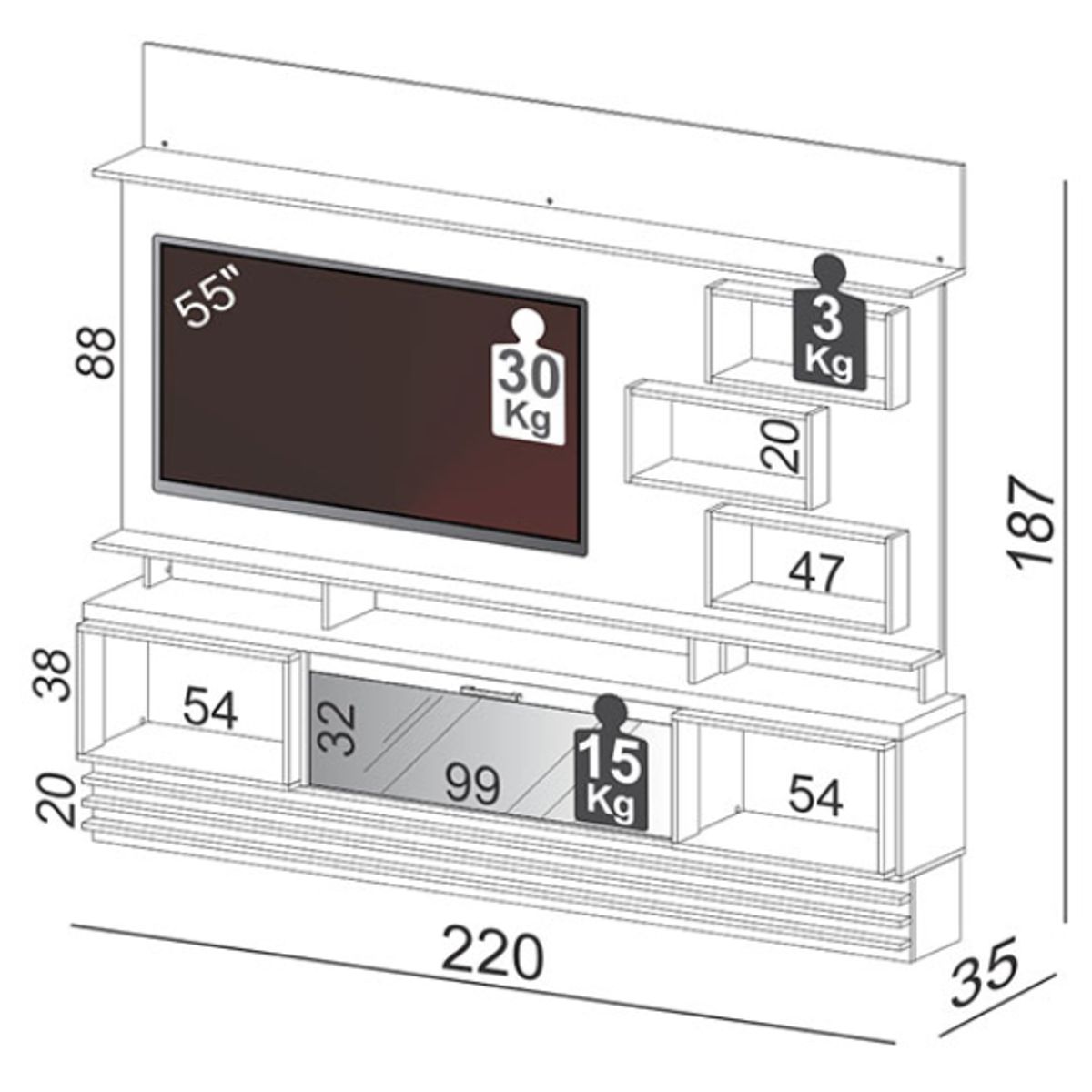 PRADEL - Estante Panel LED TV Capacidad 55 Pulgadas 220Cm
