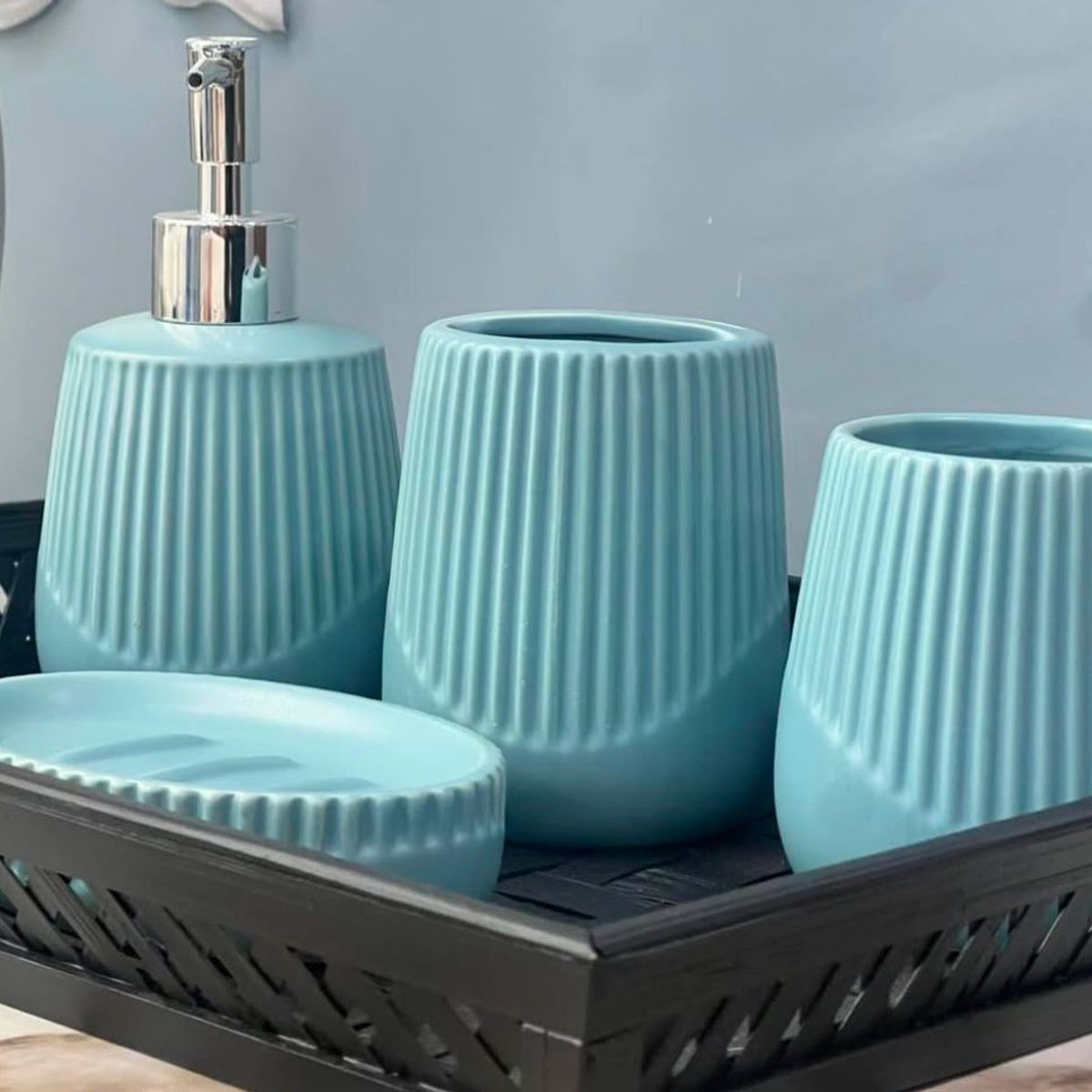 GENERICO - Juego de Accesorios de Cerámica Para Baño 4 Piezas - Celeste