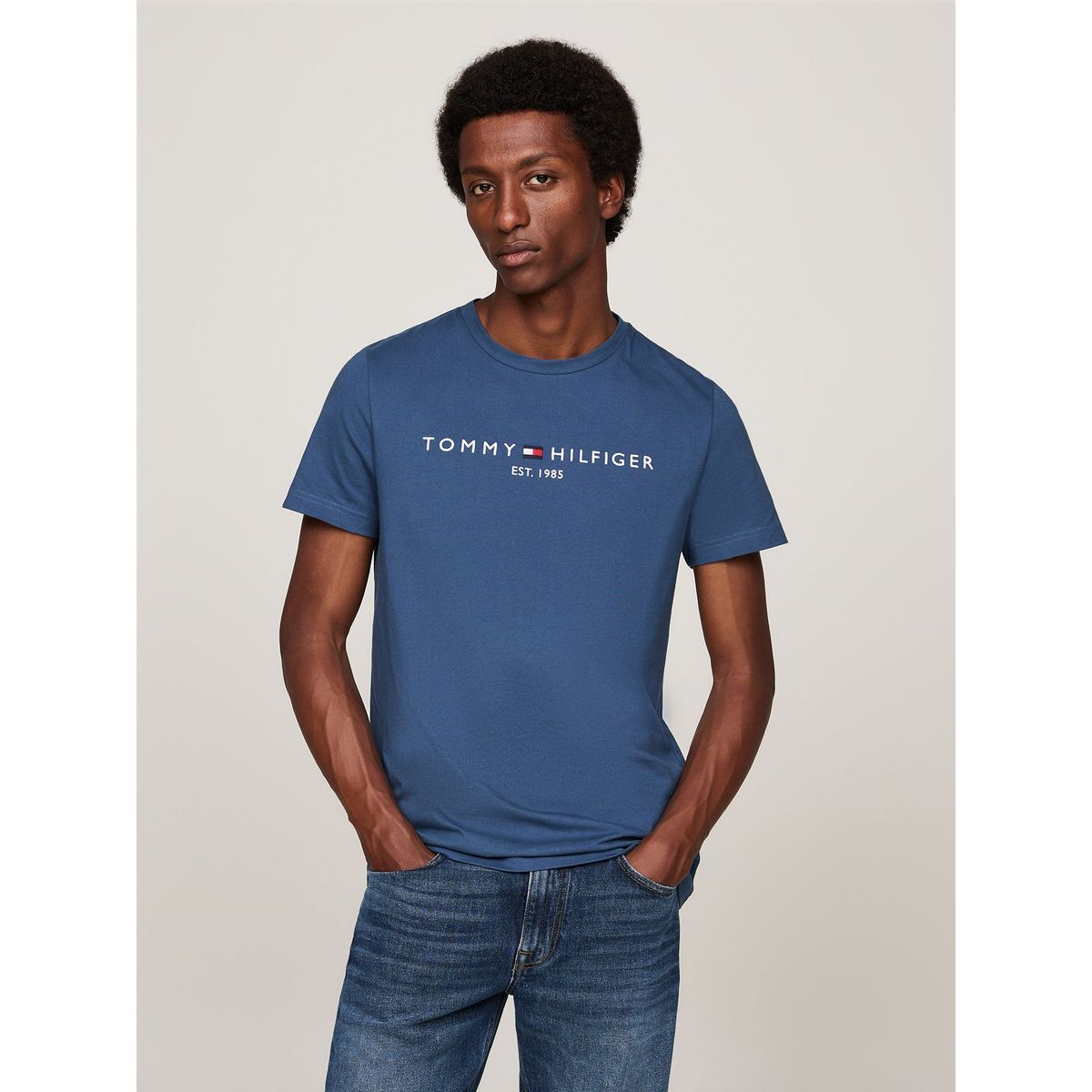 TOMMY HILFIGER - Polera Organic Cotton Con Logo Slim Fit Azul Tommy Hilfiger