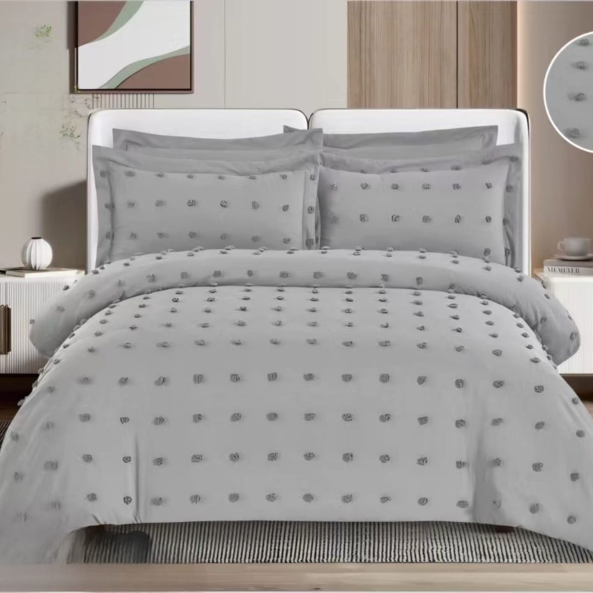 GENERICO - Cubrecama Premium de Algodón con Pompon King Color Gris