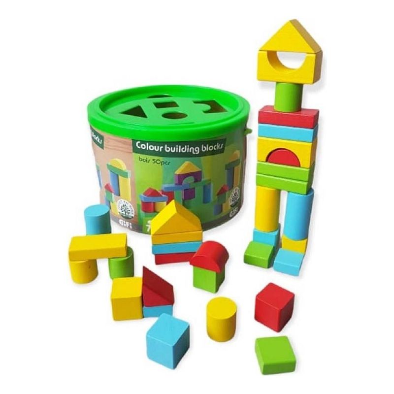 GENERICO - Balde de Madera con 50 Figuras Geométricas para Niños
