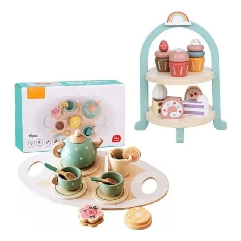GENERICO - Juego de Té y Pastel de Madera para Fiestas Infantiles