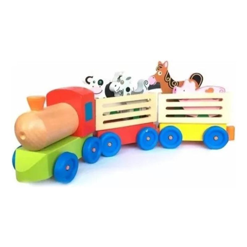 GENERICO - Tren de Madera Didáctico con Animales de Granja para Niños