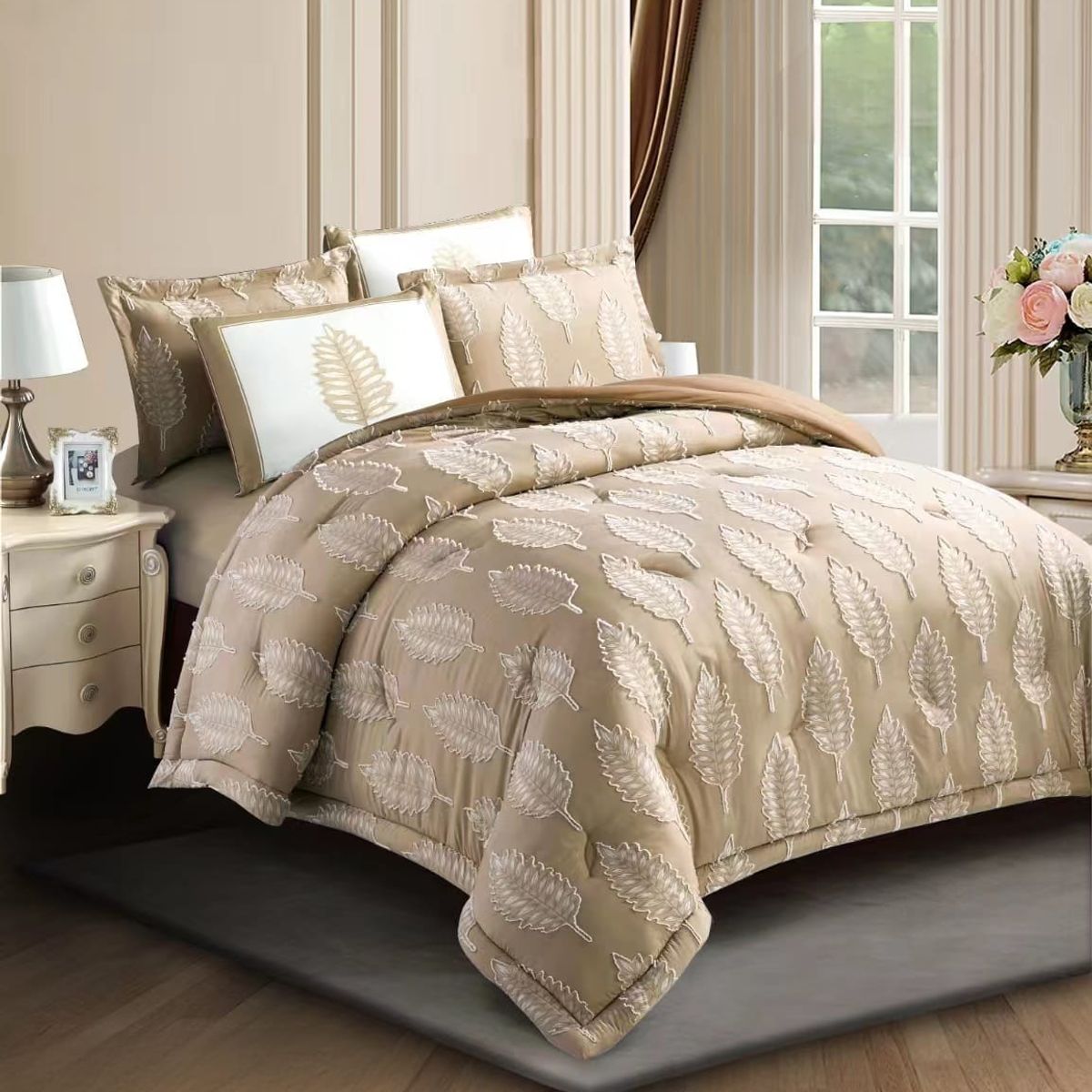 GENERICO - Cubrecama Premium de Algodón Hojas Relieve 2 plazas Color Beige