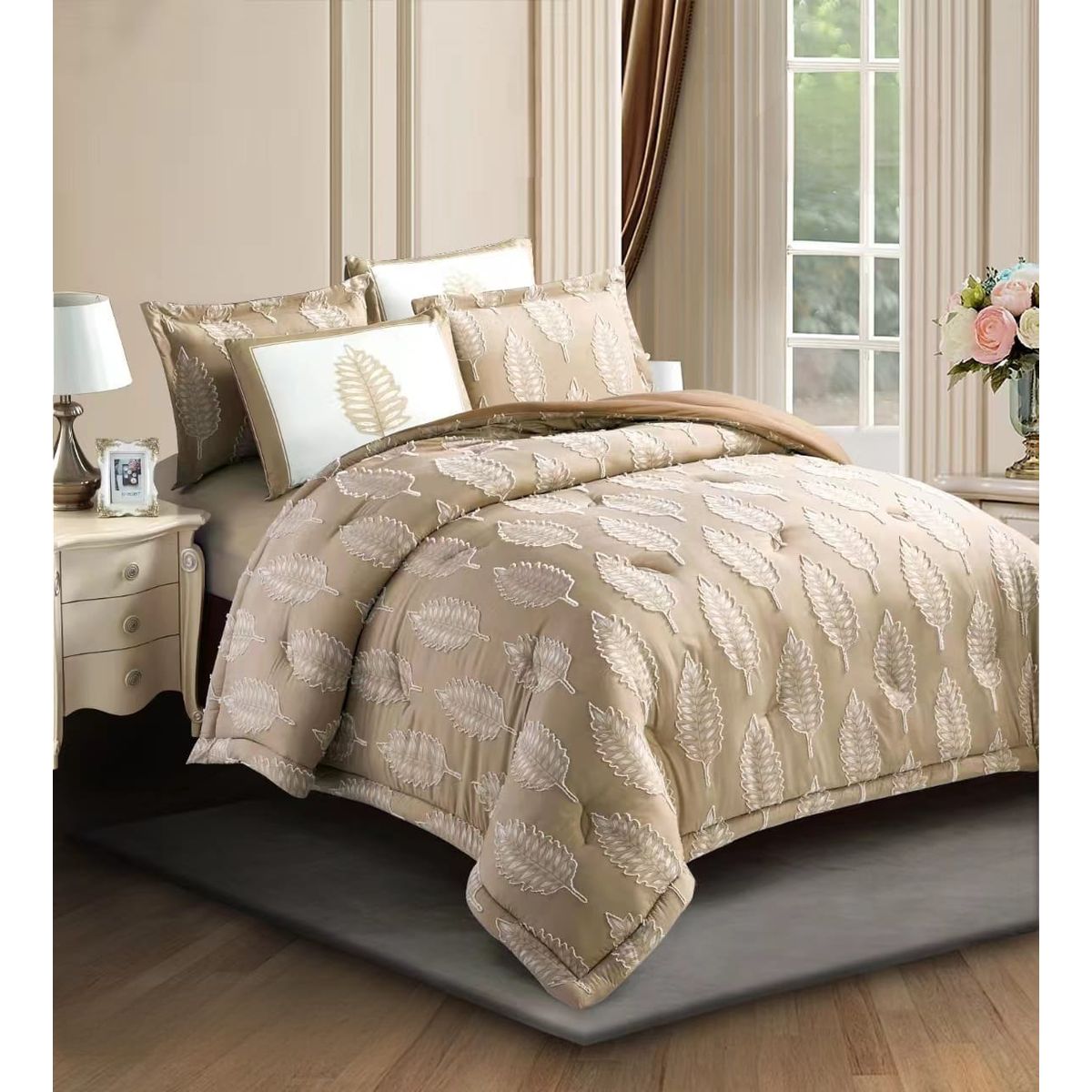 GENERICO - Cubrecama Premium de Algodón Hojas Relieve 2 plazas Color Beige