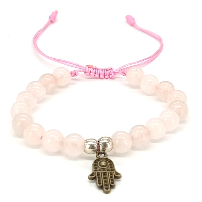GENERICO - Pulsera Artesanal Cuarzo Rosa con mano de Fátima de Bronce