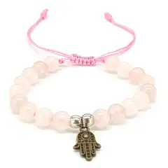 GENERICO - Pulsera Artesanal Cuarzo Rosa con mano de Fátima de Bronce