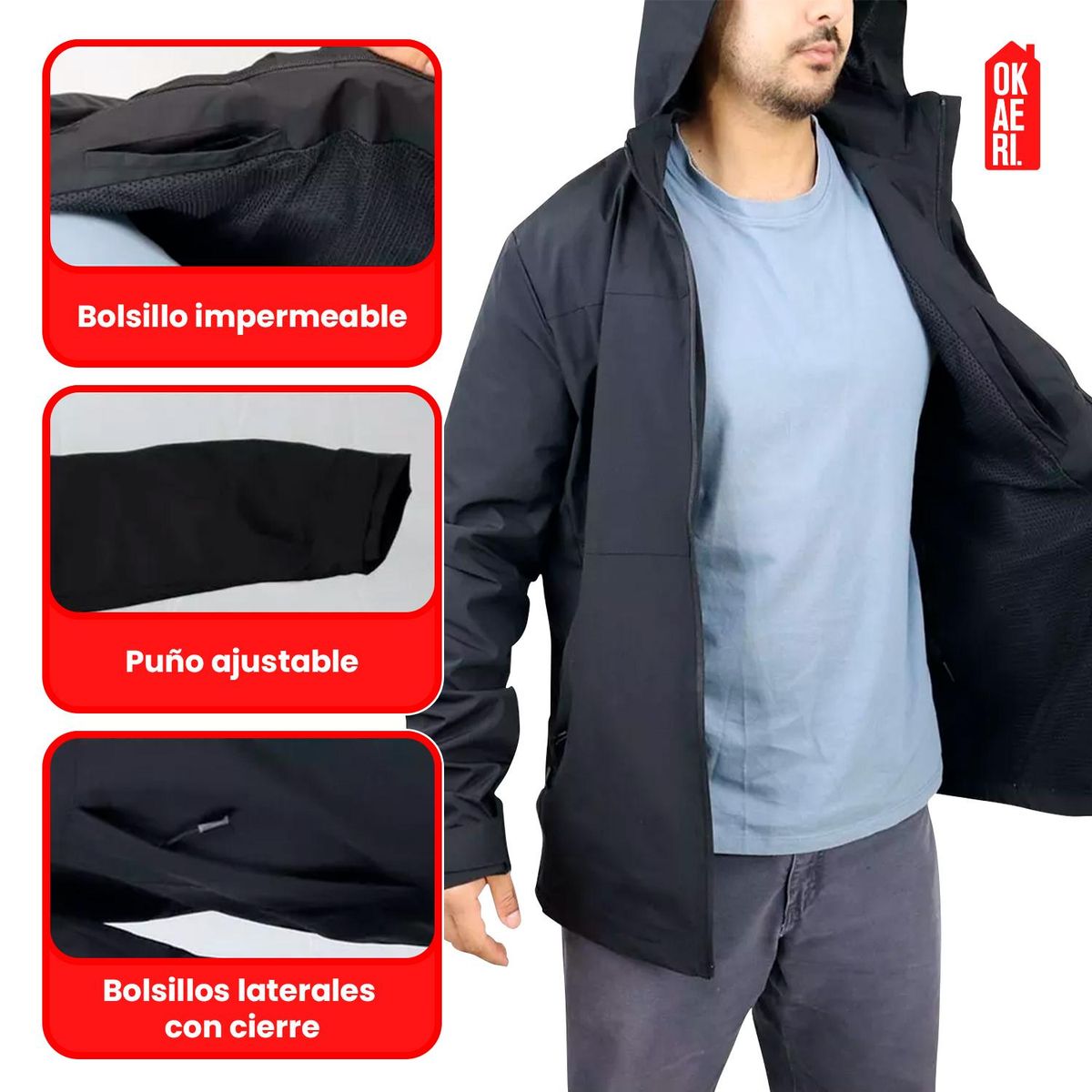 OKAERI - Chaqueta Cortaviento Impermeable Outdoor Hombre