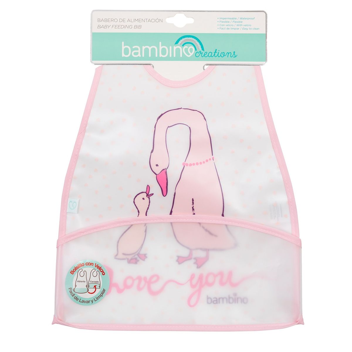 BAMBINO - Babero de Alimentación Impermeable PEVA Rosa Gansos