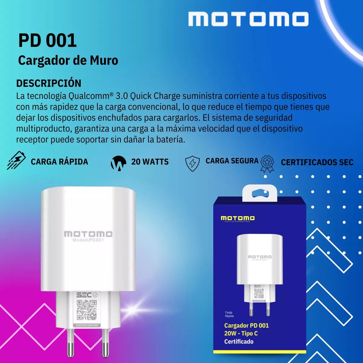 MOTOMO - Cargador Carga Rápida Conexión C 20 W Sin Cable Para Pared