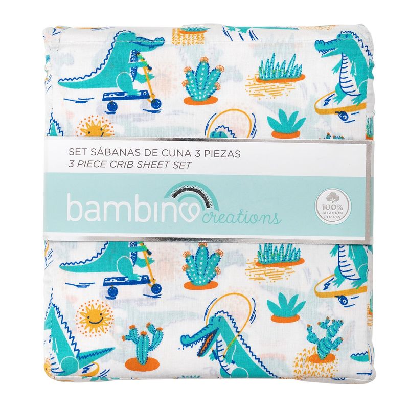 BAMBINO - Set Sábanas de Cuna 3 Piezas Blanca Dinosaurios